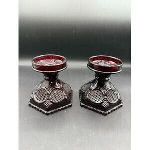 Vintage Avon Cape Cod Ruby Red Candle Holders–Pressed Glass - Set of 2